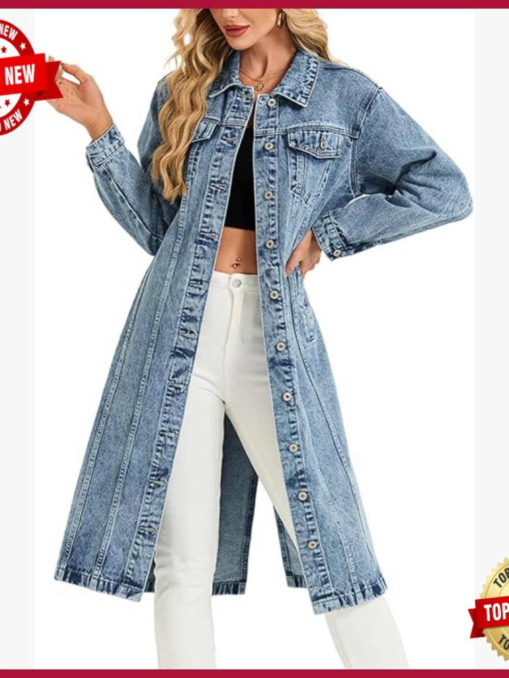 Button Down Denim Jacket Trench Coat Long Maxi with Pockets